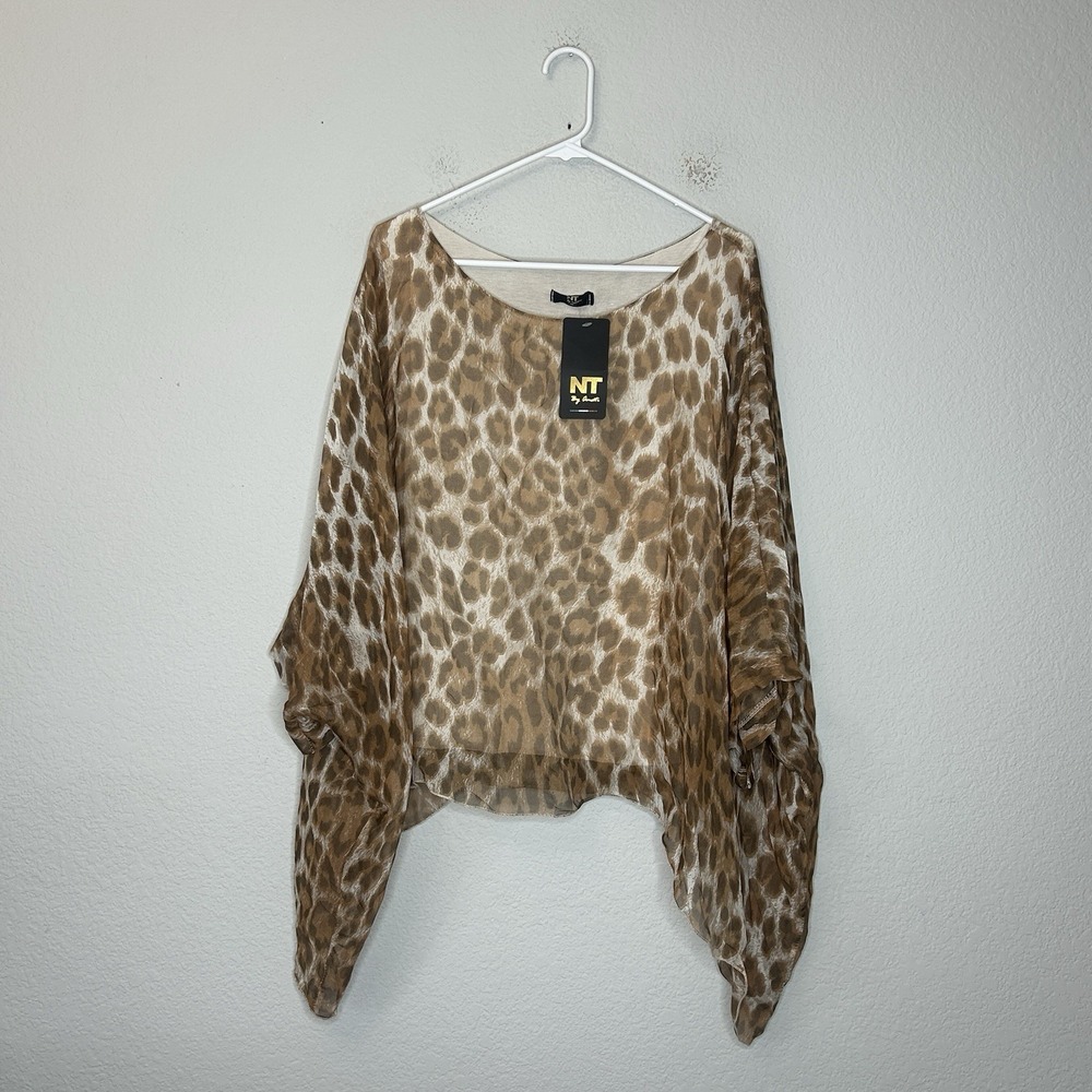 NT By Amati Italy Silk Blend Leopard Poncho Blouse NWT One Size Sheer Chiffon